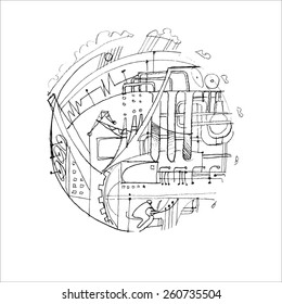 Round vector illustration on white background, on the subject of modern science, computer technology and laboratory experiments.