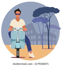 Round vector illustration of Rome with the Colosseum, pine trees and a man on a scooter