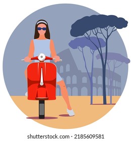 Round vector illustration of Rome with the Colosseum, pine trees and a girl on a scooter