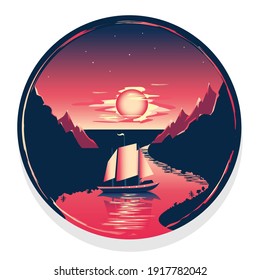 Round vector illustration of a sailboat floats against the background of the red moon and mountains at night.