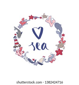 Round Vector illustration of the sea animals and others elements. Beautiful sea colors palette. Garland with fishes, yacht, sea stars, corals, lighthouse.
