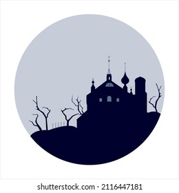 Round vector illustration with a silhouette of a gothic castle. Illustration of a scary gloomy castle, suitable for the design of cards and invitations for Halloween
