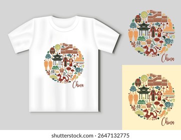 Ilustração vetorial redonda de símbolos chineses tradicionais, incluindo dragão, pagode, panda, templos e Grande Muralha. Inclui t shirt mockup. Perfeito para impressões de viagem, lembranças, presentes e cultural de
