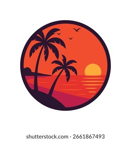 Runde Vektorgrafik eines tropischen Sonnenuntergangs mit Palmen. Perfekt für Reise-, Urlaubs- und Entspannungslogos oder -symbole.