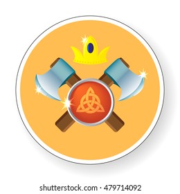 Round vector illustration of two crossed axes and shield with crown