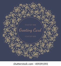 Round vector invitation card with elegant golden flowers and leaves