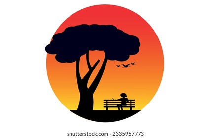 Round vector isolated silhouette, of a girl sitting on a bench in the Park. 