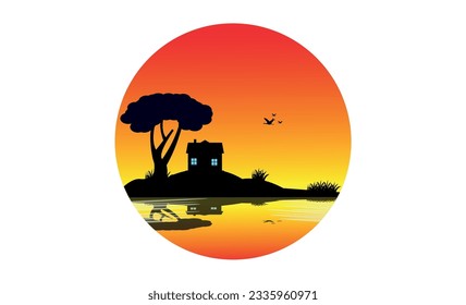 Silueta redonda de vector aislado, de un hogar y un cielo rojo oscuro de pájaro atardecer y hierba de árbol y lago.