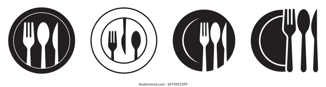 Round vector logo elements for cafe - fork, spoon, knife and plate.