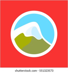 Round Vector Logo with Swiss Alps isolated on Red Background. Flat Travel Emblem in Positive Colors with Mountain for Tourism Company.