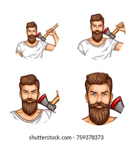 Round vector male avatars for users of social networks, internet blogs, web sites, vector pop art icons. Bearded man in a white T-shirt with an ax.