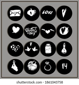 round vector objects.stickers, Valentine's day stickers.white and black, simple scribbles.love letter, love inscription, message icon in the form of a heart, dove, ring, candy, jar,lettering,doodling