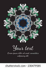 Round vector ornament. Circle design. Invitation, card or banner with text template. Lace. National ornament.