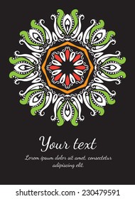 Round vector ornament. Circle design. Invitation, card or banner with text template. Lace. National ornament.