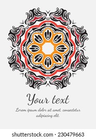 Round vector ornament. Circle design. Invitation, card or banner with text template. Lace. National ornament.