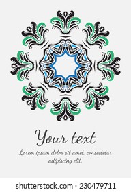 Round vector ornament. Circle design. Invitation, card or banner with text template. Lace. National ornament.