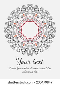 Round vector ornament. Circle design. Invitation, card or banner with text template. Lace. National ornament.