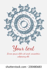 Round vector ornament. Circle design. Invitation, card or banner with text template. Lace. National ornament.