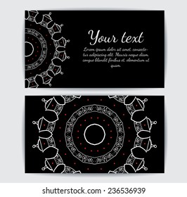 Round vector ornament. Circle design. Invitation, card or banner with text template. Lace. National ornament.
