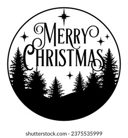 Round vector ornament with quote Merry Christmas with Xmas tree and stars isolated on white background. Festive Christmas template for card, door sign, hanger, print.