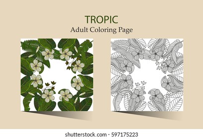 Round vector ornament with tropical plumeria flowers. Cloring page for adults.