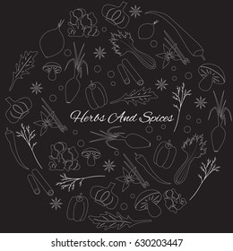 Round Vector Outline Set with Herbs And Spices