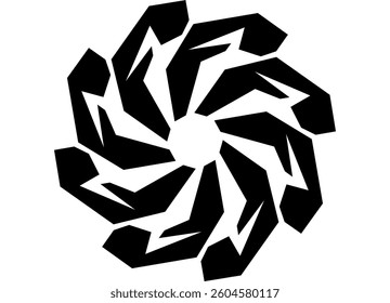 Round vector pattern, black on white background. Abstract flower. Symmetrical geometric shapes, dynamics, technical style, minimalism. Disc knife. Modern design element. Star. Snowflake, Sun