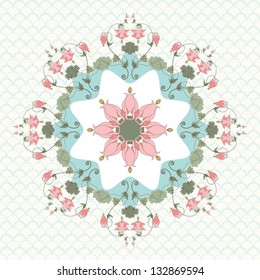Round vector pattern on a simple background. Vintage pattern in modern style. Aquilegia plants contain  flowers, buds and leaves. Pink and green.