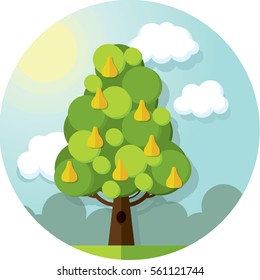 Round vector pattern pear tree in the clouds and sun on blue sky.
