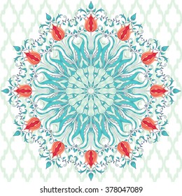 Round vector pattern with tulip flowers. Moroccan tiles pattern background. 