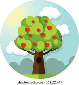 Round Vector Picture Tree Apples Apple Tree Among The Clouds And Sun On Blue Sky.