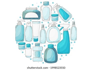 Round vector set of elements. Set of bathroom elements in hand draw style. Collection of cans, packages. Antiseptic, toothpaste, gel, soap