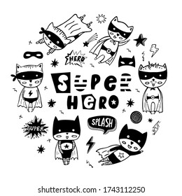 Round vector set of speech bubbles, stars, masks and cartoon superheroes in black costumes. Can be used for invitation cards and drawing poster, T-shirt Print and cartoon characters. 