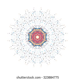  Round vector shape, molecular construction with connected lines and dots, scientific or digital design pattern isolated on white.