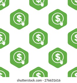 Round vector sign with dollar symbol and cursor in hexagon, repeated on white background