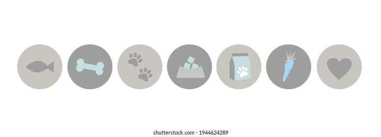 Round vector signs with food for animals: fish, bone food, symbols in gray and blue tones