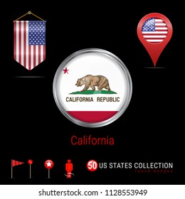 Round Vector Silver Badge With California US State Flag. Glossy Button Flag Of California. Round Icon Of California With Metal Frame. Pennant Flag Of USA. Map Pointer - USA. Map Navigation Elements.