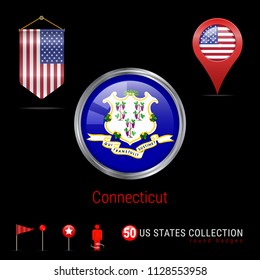 Round Vector Silver Badge with Connecticut US State Flag. Glossy Button Flag of Connecticut. Round Icon of Connecticut with Metal Frame. Pennant Flag of USA. Map Pointer - USA. Map Navigation Icons.