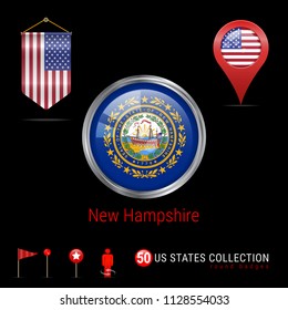 Round Vector Silver Badge with New Hampshire Flag. Glossy Button Flag of New Hampshire. Round Icon of New Hampshire with Metal Frame. Pennant Flag of USA. Map Pointer - USA. Map Navigation Elements.