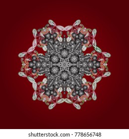 Round vector snowflake. Fine snowflake. Abstract winter red, gray and neutral ornament. Vector illustration. Isolated cute snowflakes on colorful background.
