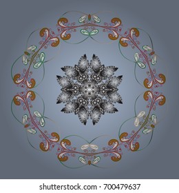 Round vector snowflake. Fine snowflake. Vector illustration. Isolated cute snowflakes on colorful background. Abstract winter ornament.