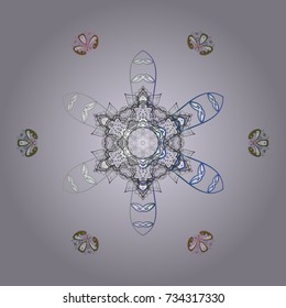 Round vector snowflake. Fine snowflake. Vector illustration. Isolated cute snowflakes on colorful background. Abstract winter neutral, gray and white ornament.