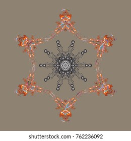 Round vector snowflake. Fine snowflake. Vector illustration. Isolated cute snowflakes on colorful background. Abstract winter beige, gray and orange ornament.