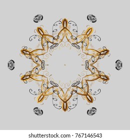Round vector snowflake. Fine snowflake. Vector illustration. Isolated cute snowflakes on colorful background. Abstract winter gray, brown and beige ornament.