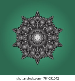 Round vector snowflake. Fine snowflake. Vector illustration. Isolated cute snowflakes on colorful background. Abstract winter green, gray and brown ornament.