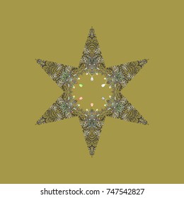Round vector snowflake. Vector illustration. Abstract winter yellow, gray and neutral ornament. Isolated cute snowflakes on colorful background. Fine snowflake.