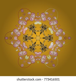 Round vector snowflake. Vector illustration. Abstract winter yellow, pink and white ornament. Isolated cute snowflakes on colorful background. Fine snowflake.