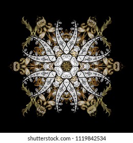 Round vector snowflake. Vector illustration. Isolated cute snowflakes on colorful background. Fine snowflake. Abstract winter black, white and brown ornament.
