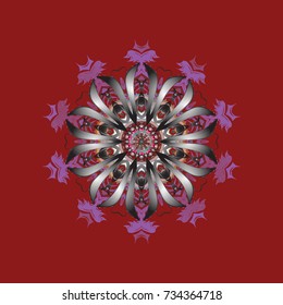 Round vector snowflake. Vector illustration. Isolated cute snowflakes on colorful background. Abstract winter red, gray and purple ornament.