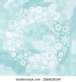 Enfoque nevado de vector redondo. Ilustración de invierno festiva con espacio para texto sobre fondo de color azul. Puede ser una invitación, una tarjeta de felicitación, un elemento de diseño.